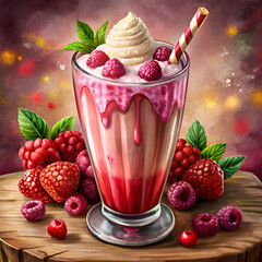 Delicious raspberry milkshake with whipped cream.