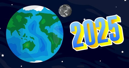 Planet Earth with number 2025. Animation, Cartoon animated space, cosmos on the background. - Powered by Adobe