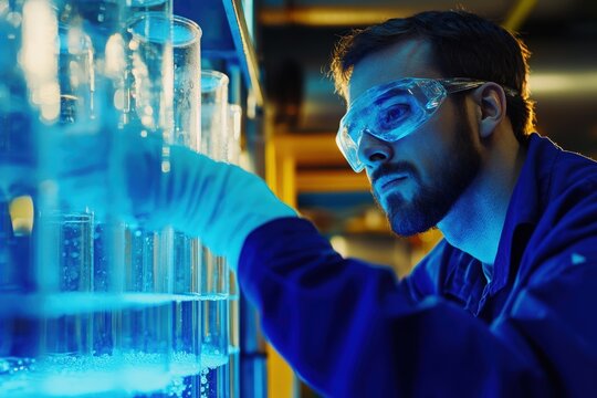 Heavy metal removal technology. A water treatment engineer fine-tuning an electrocoagulation system, focusing on the effective removal of heavy metals from contaminated water, showcasing innovative so