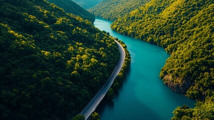 Obraz premium Aerial View of Winding River Road Through Lush Green Valley