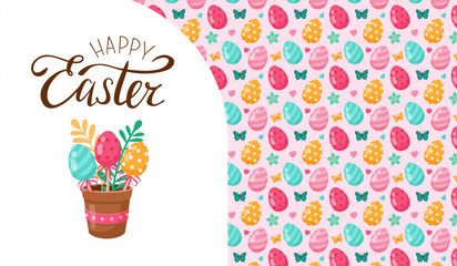 A colorful easter banner with bouquet of Easter eggs in a decorative pot. Happy Easter. Hello Spring. Greeting card, banner. Vector illustration.