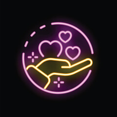 Neon sign of a hand holding hearts, symbolizing love, care, and affection