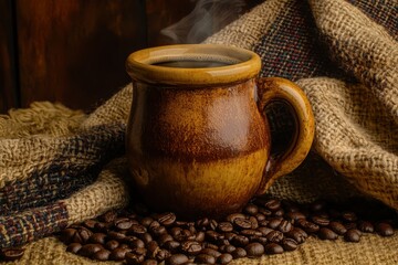 Warm and Inviting Coffee Mug Surrounded by Roasted Coffee Beans and Cozy Textiles on a Rustic Wooden Background, Perfect for Coffee Lovers and Autumn Vibes