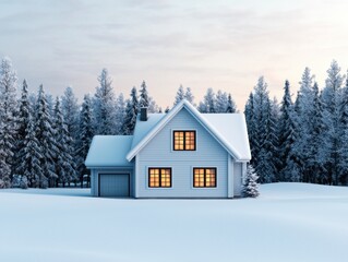 A cozy house surrounded by snowy trees during a serene winter evening.
