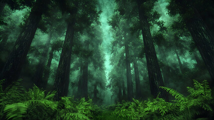Fototapeta premium Foggy Redwood Forest Path, Nature Background, Travel Poster
