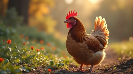 Majestic Brown Hen in Golden Sunrise Meadow: Stunning Farm Animal Photography, Rustic Countryside Scene, Beautiful Chicken Image