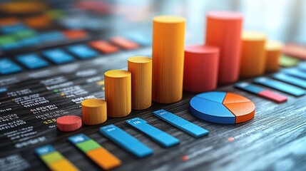 Visualizing Financial Growth: Colorful 3D Charts and Graphs on a Dark Wooden Surface