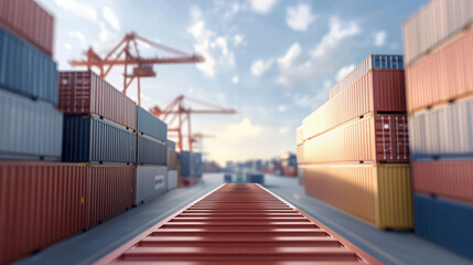 Supply Chain Security Risks and Vulnerabilities. Container yard with stacked cargo containers and cranes under a cloudy sky.