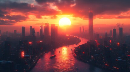 Cityscape sunset river aerial view futuristic design