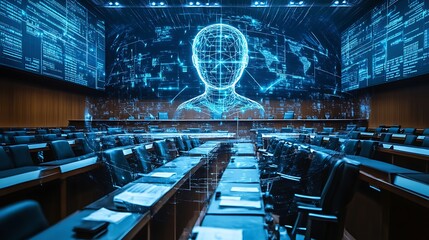 Obraz premium A Futuristic Courtroom Where an AI Judge Analyzes Evidence and Delivers Unbiased Rulings in a High-Tech Legal System