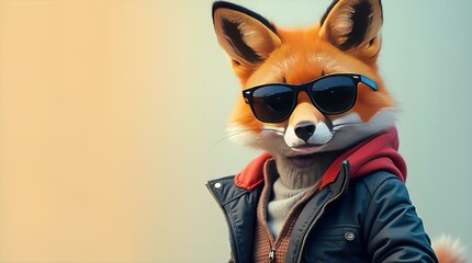 Cool Fox in Sunglasses: Stylish Anthropomorphic Animal Art, Digital Painting, 3D Render, Trendy Jacket, Red Hoodie, Wildlife Illustration