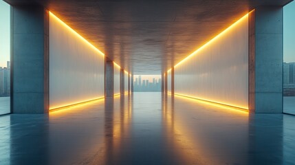 Urban Tunnel with Illuminated Walls Leading to City Skyline at Dawn