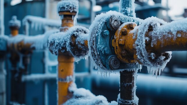 Close-up of frozen pipes and valves, with a layer of crystalized ice on the surfaces, emphasizing the harsh working conditions of machinery in a chemical processing plant