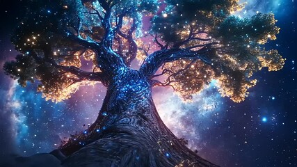 Majestic tree illuminated by cosmic lights under a starry sky, creating a mystical atmosphere