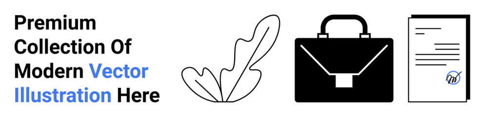 Minimalist leaf, office briefcase, and signed document symbolizing business tools, agreements, professionalism, workflow, corporate identity. Ideal for branding, business contracts eco-business