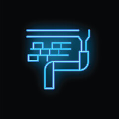 Plumbing system icon glowing in neon blue on a black background, perfect for representing plumbing services