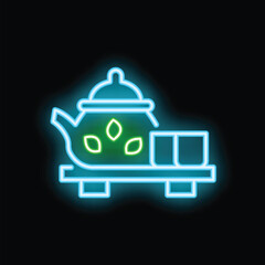 Obraz premium Neon sign depicting a green tea set with teapot and teacups, glowing brightly against a dark background
