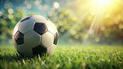 Fototapeta premium Closeup of soccer ball on green grass with subtle texture and reflections, closeup, reflections