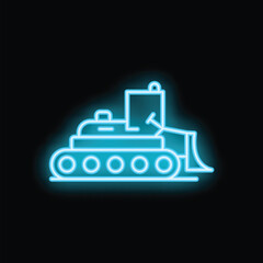 Blue neon sign of a bulldozer working at night