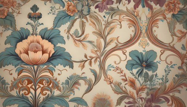 Fototapeta Charming Vintage Shabby Chic Wallpaper with Floral Victorian Pattern Captivating Romantic Ambiance of a Timeless Era, Ideal for Interior Decor