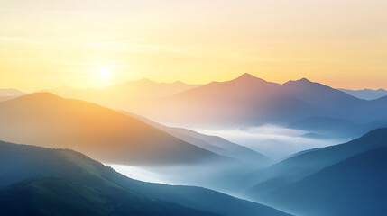 Obraz premium Serene misty hills at sunrise with golden light breaking through, rolling fog between the mountains