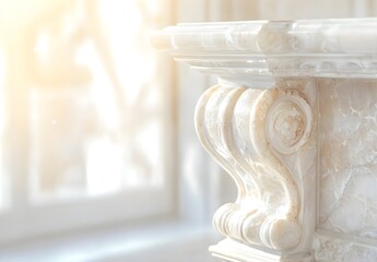 A close-up of a marble counter with an elegant, polished finish in front of classical columns, symbolizing luxury and sophistication for product display or branding design. The focus is on the 