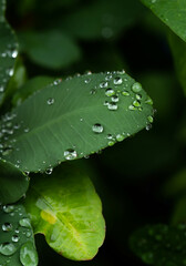 Water drop on green leaf green, selective focus