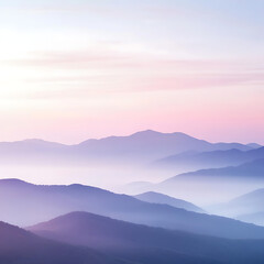 Foggy mountain range at dawn, mist covering the valleys, soft pastel colors in the sky, clear horizon