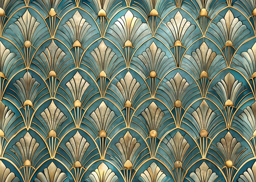 Art Deco style teal and gold fish-scale pattern.