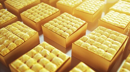 Elegant gold boxes filled with traditional sweets arranged beautifully in a bright warm setting