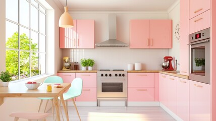 Charming modern kitchen with pink cabinets and natural light.