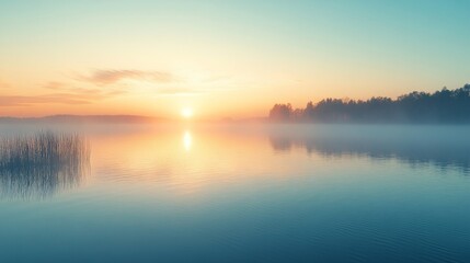 Fototapeta premium a serene and peaceful sunrise over a tranquil lake. The sun casts a golden glow over the water, reflecting its rays in the misty air.