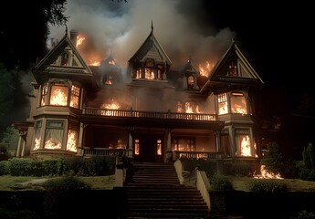 Obraz premium A large Victorian house engulfed in flames, a terrifying, horror movie-style scene, set against a dark background in the night. Hyper-realistic in detail. 