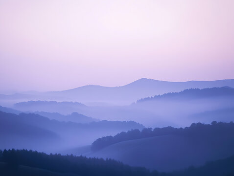 Quiet misty hills at twilight, soft purple and blue tones in the fog