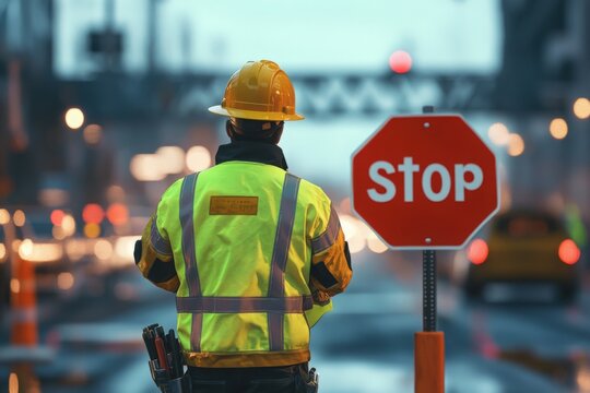 A construction flagger in a yellow safety jacket and helmet, standing in front of a busy road construction area, directing traffic with a "Stop" sign, emphasizing safety and order in high-traffic
