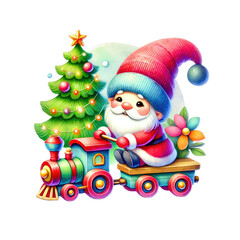 A cheerful Santa Claus riding a colorful toy train near a decorated Christmas tree, perfect for festive holiday designs.