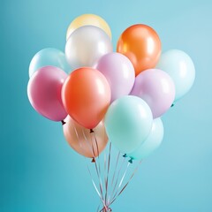 Obraz premium Multi-colored balloons floating in the sky, vivid and cheerful design, on a bright blue background, symbolizing celebration