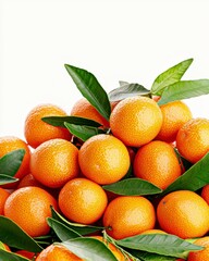Fresh and Juicy Oranges Stacked with Green Leaves on a Bright Background
