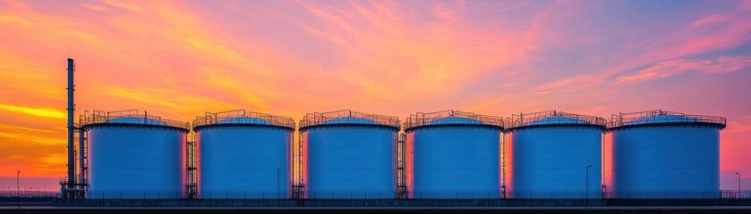 Colorful sunset over industrial storage tanks in vibrant sky.