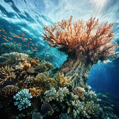 Underwater coral reef teeming with life. AI.