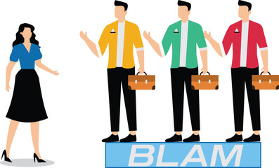 Sexism and prejudice, blaming women, three male businessmen pointing fingers at a female businesswoman