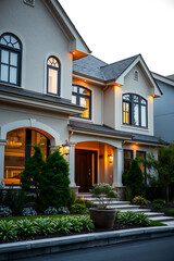 Luxury Home Exterior at Night: Modern Architectural Design, Elegant Facade, Landscaped Garden