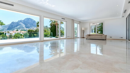 Obraz premium Modern villa living room, mountain view, luxury real estate