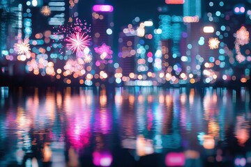 Fototapeta premium City lights reflected on water at night. AI.