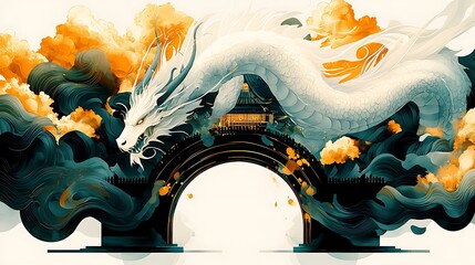 White dragon soaring through clouds above an archway, mystical Asian scene, ideal for fantasy art or cultural design
