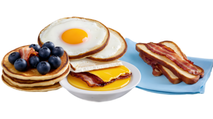 Hearty breakfast plate with fried eggs and sizzling bacon isolated on a clean PNG background, showcasing a traditional American breakfast, perfect for diner menus, food advertisements, and recipe desi