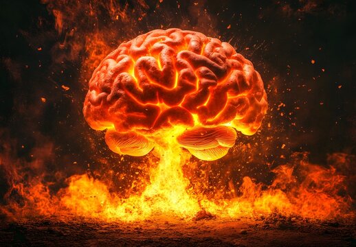 An exploding fireball of burning brain matter, dark background, hyperrealistic 