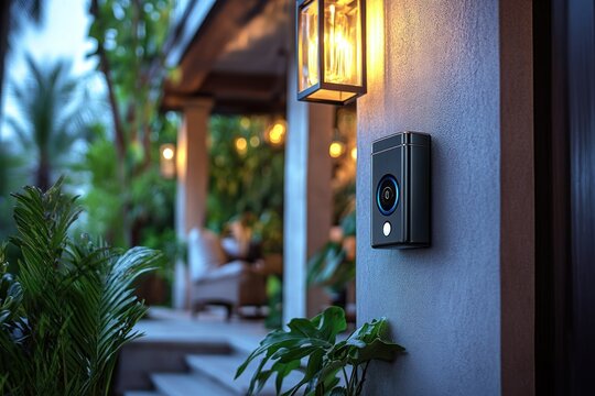Modern doorbell camera installed at a tropical home entrance