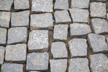 
cobblestone path in various shades of gray and are placed irregularly, forming a characteristic pavement surface.
