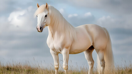 Obraz premium Majestic palomino horse in field, cloudy sky